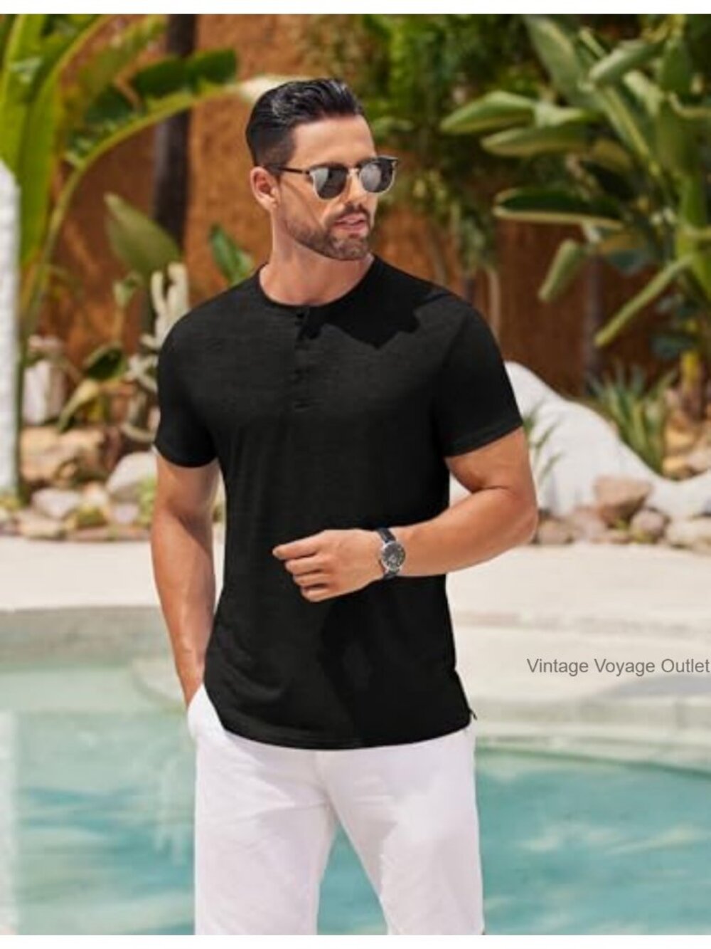 Men's Henley Shirt Short Sleeve Casual Tee Summer Button Stretch Top - Picture 2 of 6